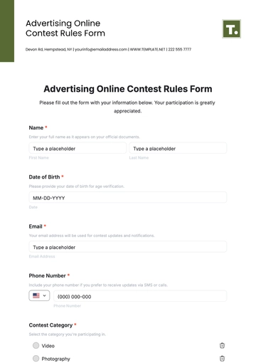 Advertising Online Contest Rules Form Template - Edit Online & Download