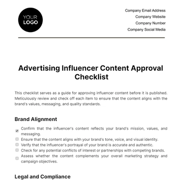 Free Advertising Influencer Content Approval Checklist Template to Edit Online