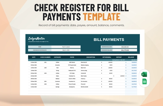 Check Register for Bill Payments Template