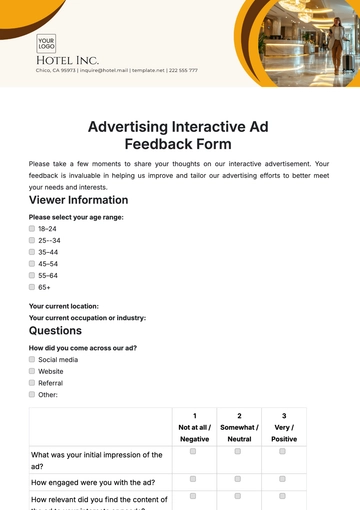 Free Advertising Interactive Ad Feedback Form Template to Edit Online