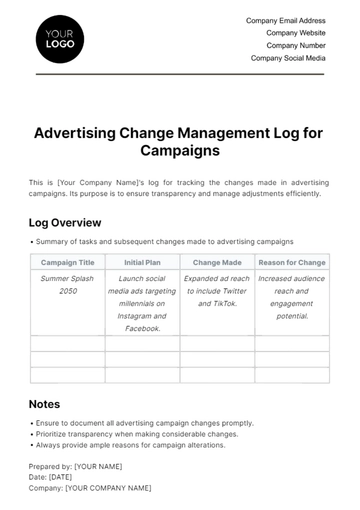 Free Advertising Change Management Log for Campaigns Template to Edit Online