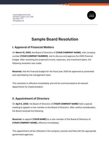 Free Sample Board Resolution Template to Edit Online