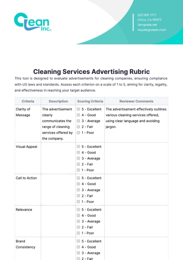 Free Cleaning Services Advertising Rubric Template to Edit Online