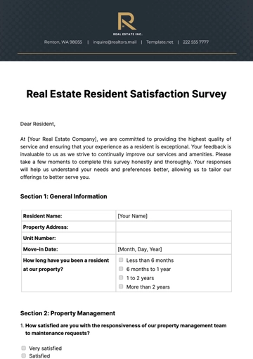 Free Real Estate Resident Satisfaction Survey Template to Edit Online