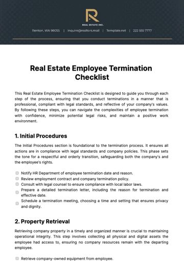 Free Real Estate Employee Termination Checklist Template to Edit Online