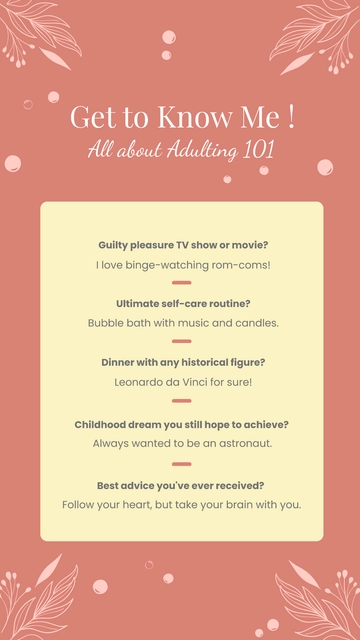 Free Get to Know Me Adult Questions Story Template to Edit Online