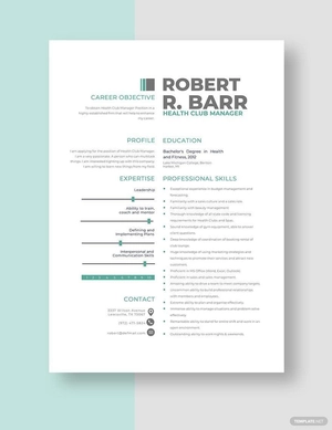Health Club Manager Resume