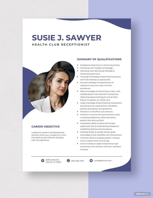 Health Club Receptionist Resume