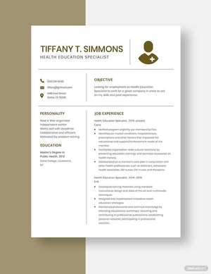 Health Education Specialist Resume