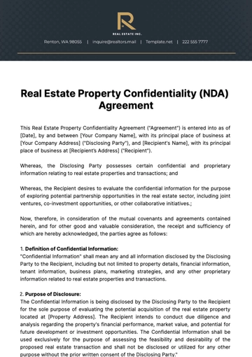 Free Real Estate Property Confidentiality (NDA) Agreement Template to Edit Online