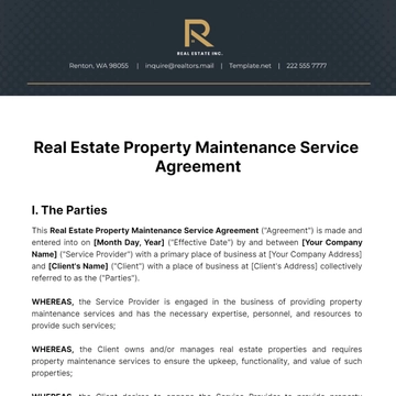 Free Real Estate Property Maintenance Service Agreement Template to Edit Online
