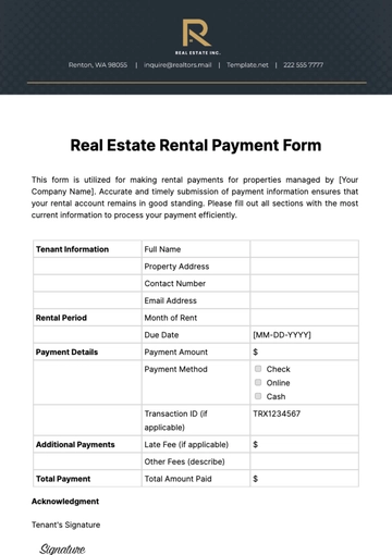 Free Real Estate Rental Payment Form Template to Edit Online