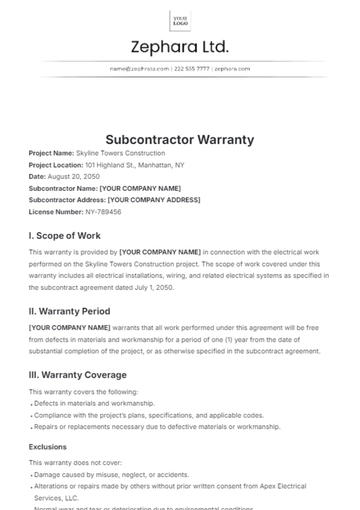 Free Subcontractor Warranty Template to Edit Online