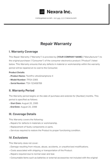 Free Repair Warranty Template to Edit Online