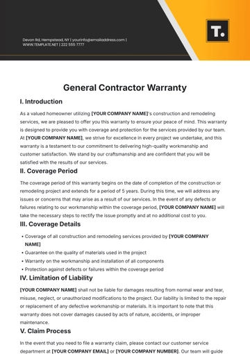 Free General Contractor Warranty Template to Edit Online