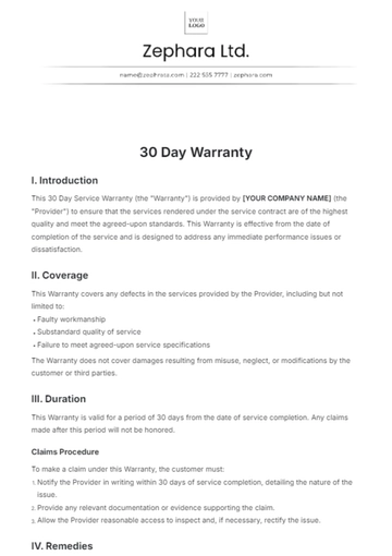 Free 30 Day Warranty Template to Edit Online