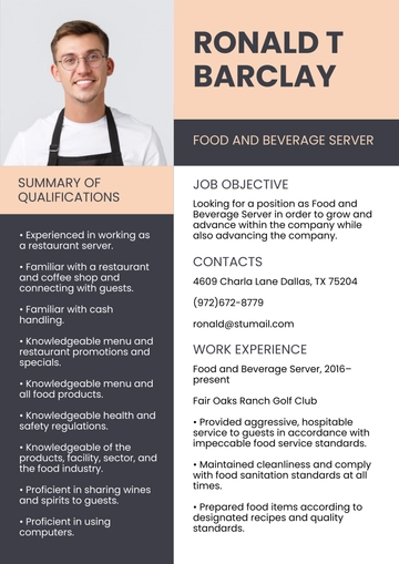 Free Food and Beverage Server Resume to Edit Online