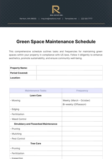 Free Real Estate Green Space Maintenance Schedule Template to Edit Online