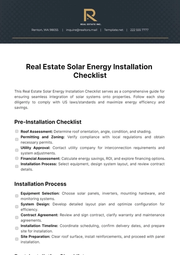 Free Real Estate Solar Energy Installation Checklist Template to Edit Online
