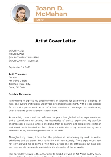 Free Artist Cover Letter Template to Edit Online