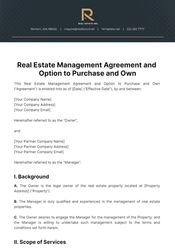 Free Real Estate Management Agreement and Option to Purchase and Own Template to Edit Online
