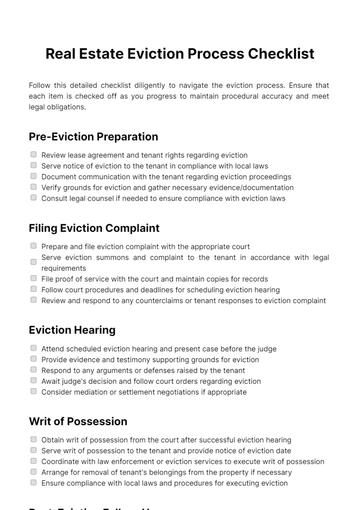 Free Real Estate Eviction Process Checklist Template to Edit Online