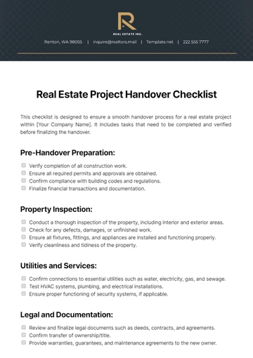 Free Real Estate Project Handover Checklist Template to Edit Online