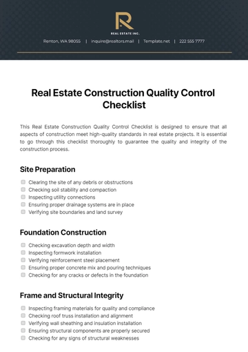 Free Real Estate Construction Quality Control Checklist Template to Edit Online
