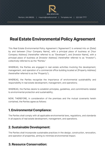 Free Real Estate Environmental Policy Agreement Template to Edit Online