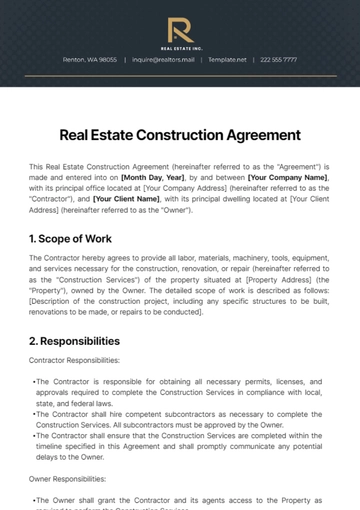 Free Real Estate Construction Agreement Template to Edit Online