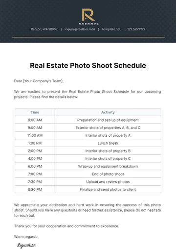 Free Real Estate Photo Shoot Schedule Template to Edit Online