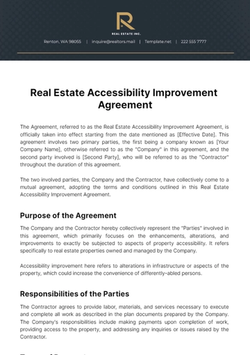 Free Real Estate Accessibility Improvement Agreement Template to Edit Online