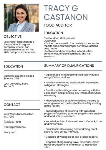 Free Food Auditor Resume to Edit Online