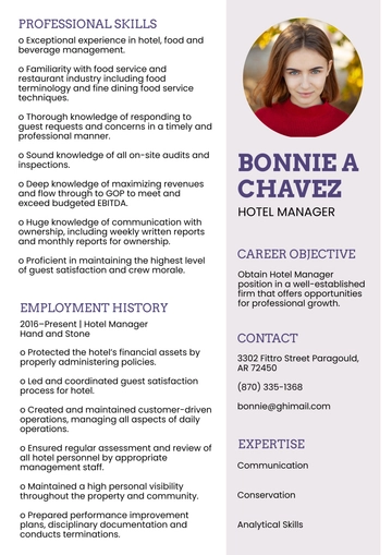 Free Hotel Manager Resume to Edit Online