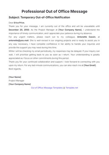 Free Professional Out Of Office Message Template to Edit Online