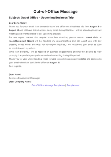 Free Out Of Office Message Template to Edit Online