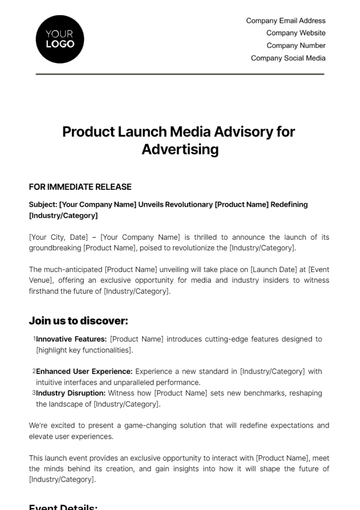 Free Product Launch Media Advisory for Advertising Template to Edit Online