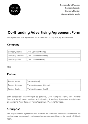 Free Co-Branding Advertising Agreement Form Template to Edit Online