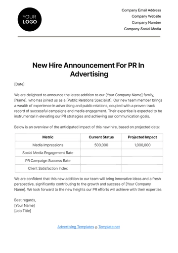 Free New Hire Announcement for PR in Advertising Template to Edit Online