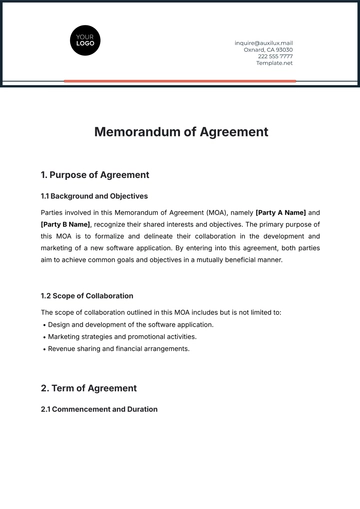 Free Memorandum of Agreement Template to Edit Online