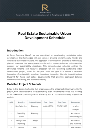 Free Real Estate Sustainable Urban Development Schedule Template to Edit Online
