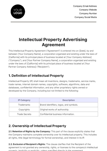 Free Intellectual Property Advertising Agreement Template to Edit Online