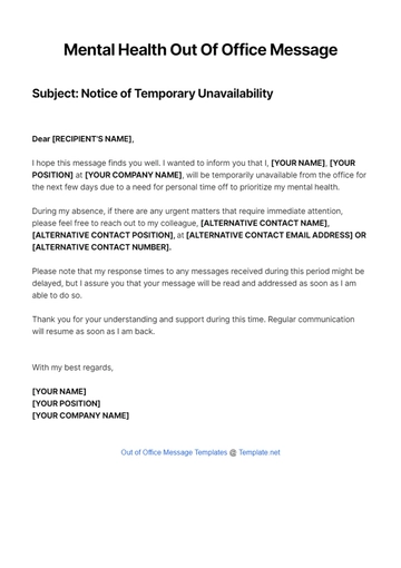 Free Mental Health Out Of Office Message Template to Edit Online