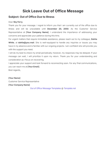Free Sick Leave Out of Office Message Template to Edit Online