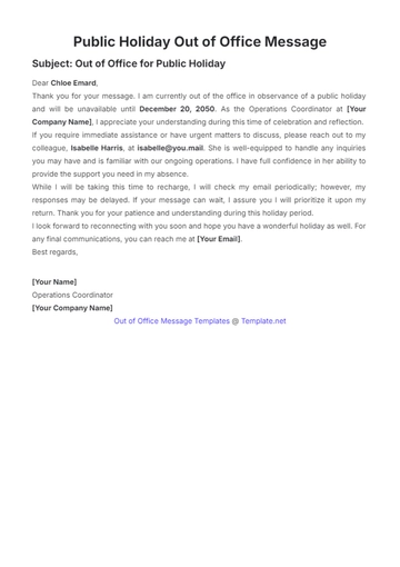 Free Public Holiday Out of Office Message Template to Edit Online