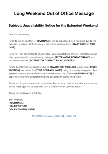 Free Long Weekend Out Of Office Message Template to Edit Online