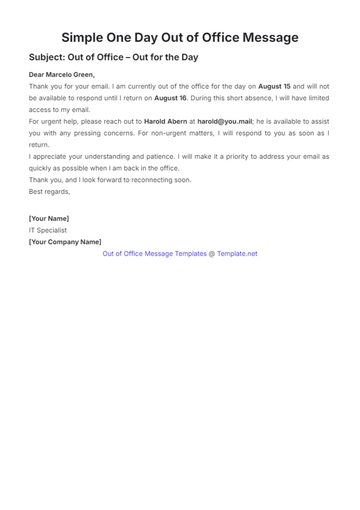 Free Simple One Day Out of Office Message Template to Edit Online