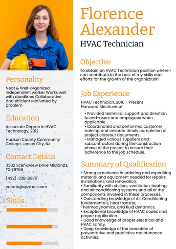 Free HVAC Technician Resume to Edit Online Free HVAC Technician Resume to Edit Online
