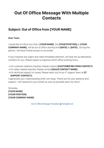 Free Out Of Office Message With Multiple Contacts Template to Edit Online