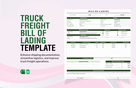 Truck Freight Bill of Lading Template